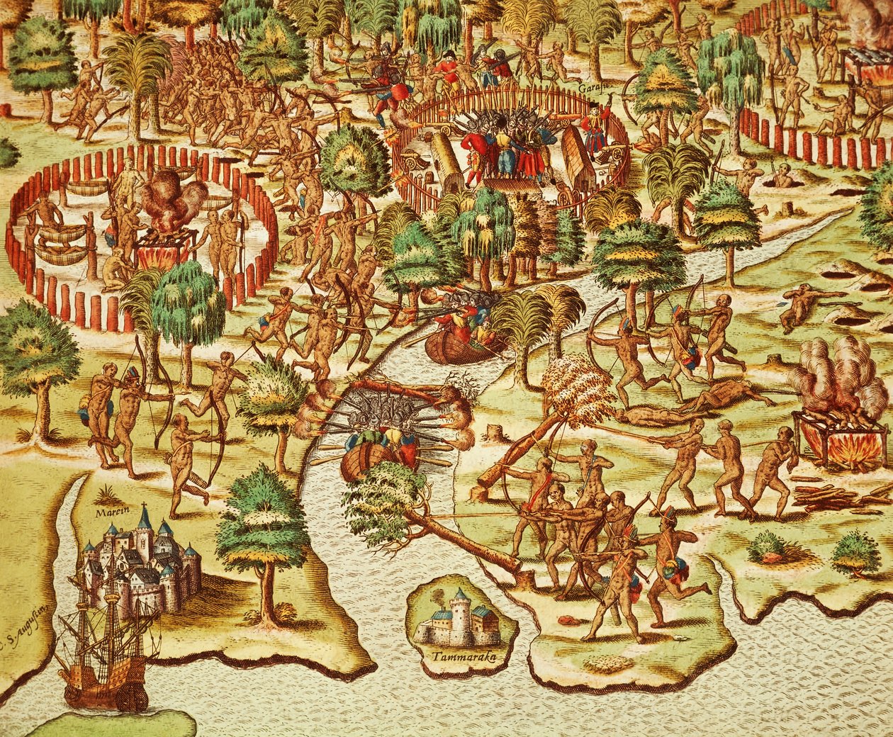 Belagerungs- und Angriffstechniken, Stich von Theodor de Bry, aus 