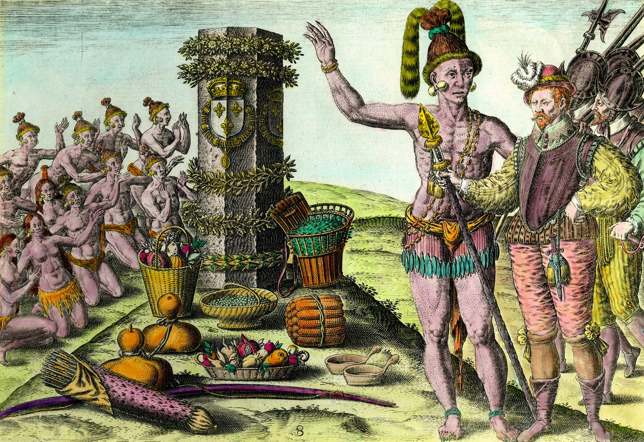 Die Floridianer kamen zur von dem französischen Navigator Jean Ribault (1520-1565) errichteten Säule der ersten Expedition nach Florida. Gravur aus „Geschichte Amerikas“ von Theodore De Bry (1528-1598) 16. Jahrhundert von Theodore de Bry