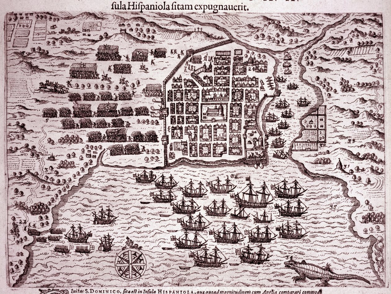 Die Flotte von Francis Drake besetzt die Insel Santo Domingo (Gravur) von Theodore de Bry