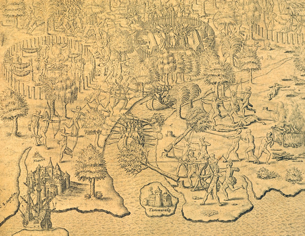 Der portugiesische Vorstoß ins Landesinnere und der Angriff eines einheimischen Stammes von Theodore de Bry