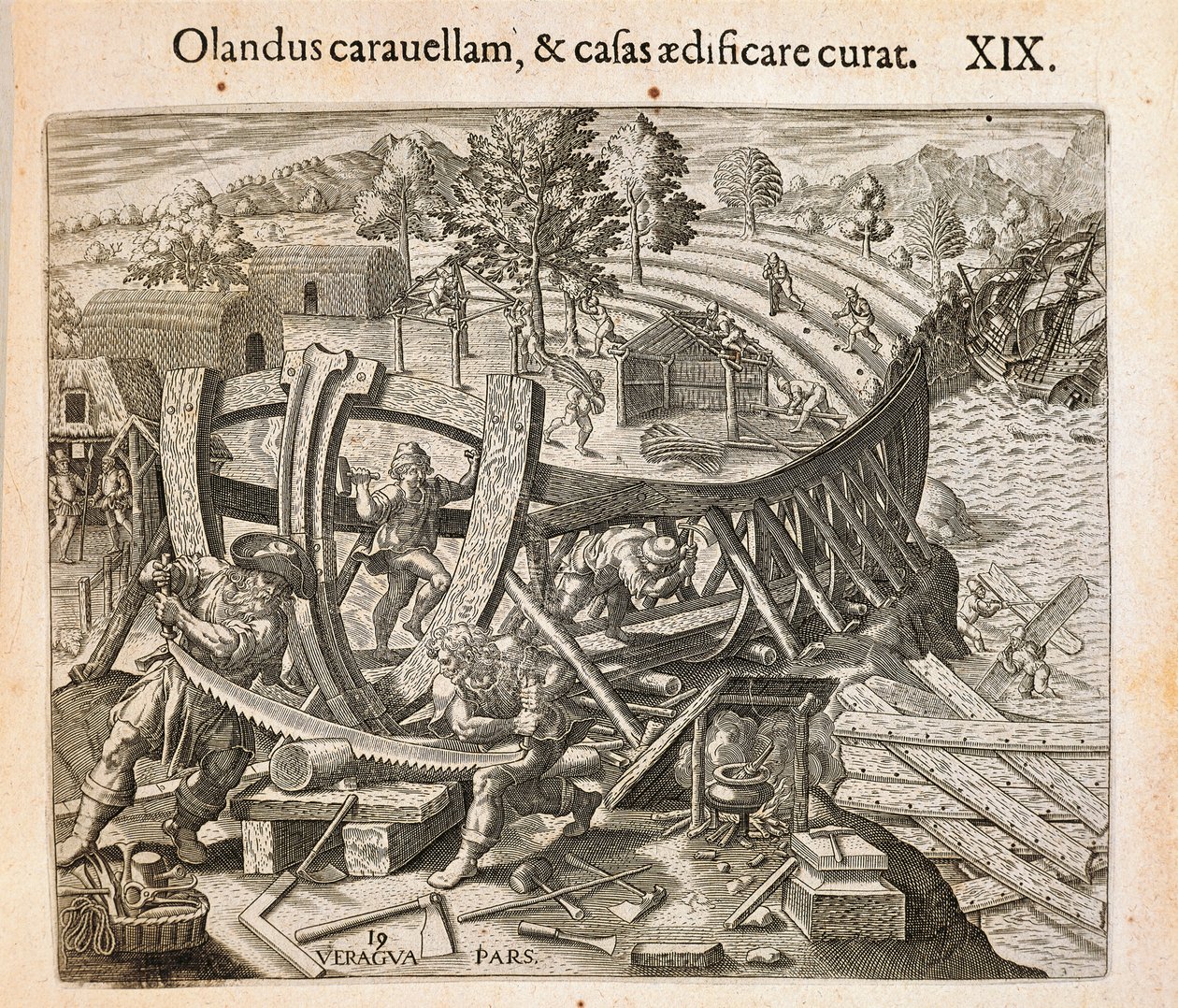 Die Spanier bauen ihr erstes Schiff in der Neuen Welt, Gravur aus Americae pars quarta, sive, Insignis et admiranda historia de reperta primum Occidentali India Christophoro Columbo von Theodore de Bry