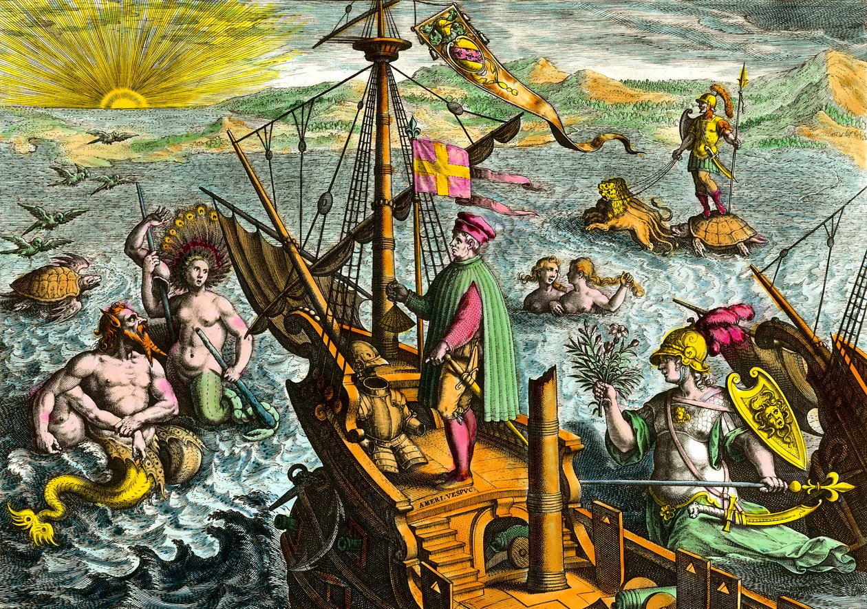 Das Boot des italienischen Navigators Amerigo Vespucci (1454 - 1512) von Theodore de Bry
