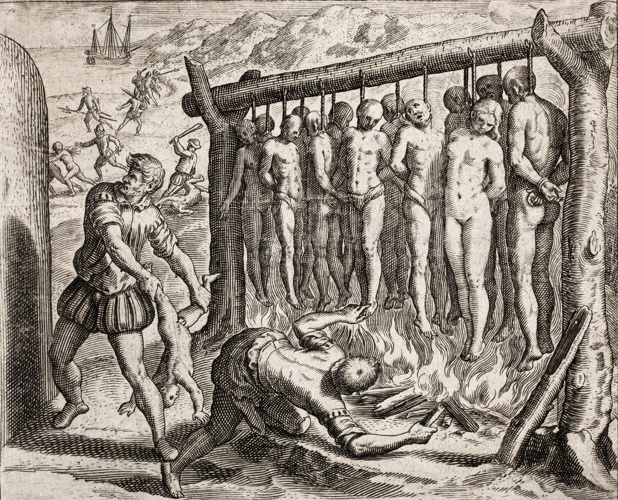 Dreizehn gehängte und verbrannte Opfer, Darstellung der von spanischen Siedlern an Indianern verübten Verbrechen aus 