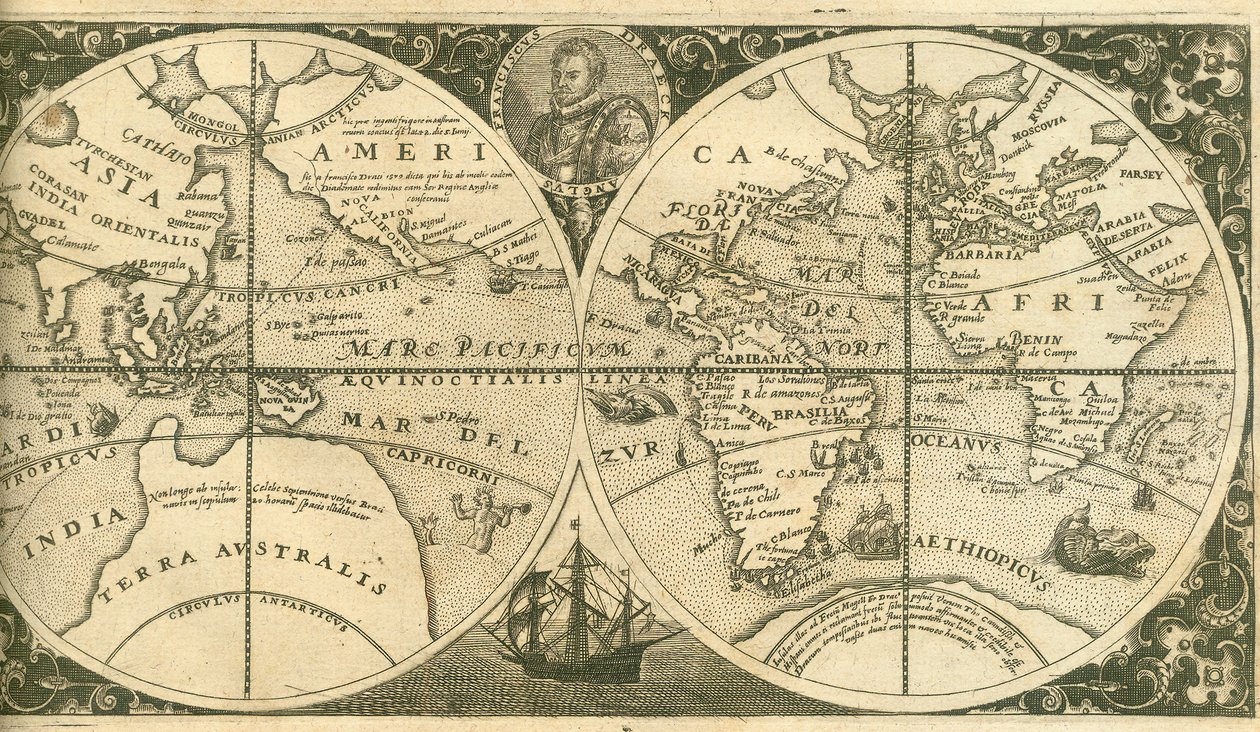 Titelseite von Americae Pars VIII mit einem Porträt von Francis Drake und seinem Schiff, der Golden Hind von Theodore de Bry