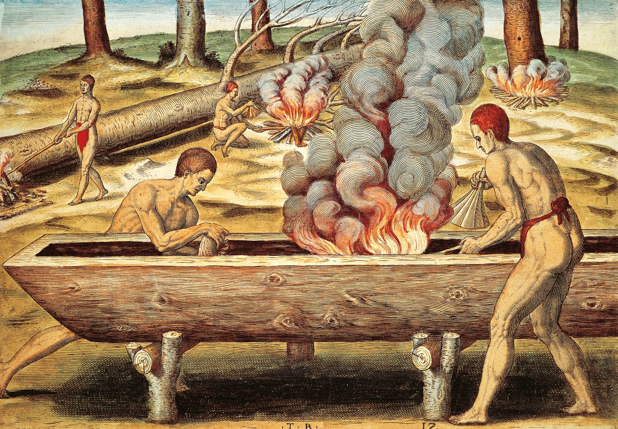 Virginia-Eingeborene bauen eine Piroge von Theodore de Bry