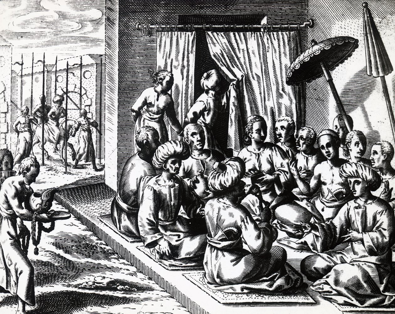 Hochzeitszeremonie in Bantam, Insel Java, von Theodor de Bry, Stich von Theodore de Bry