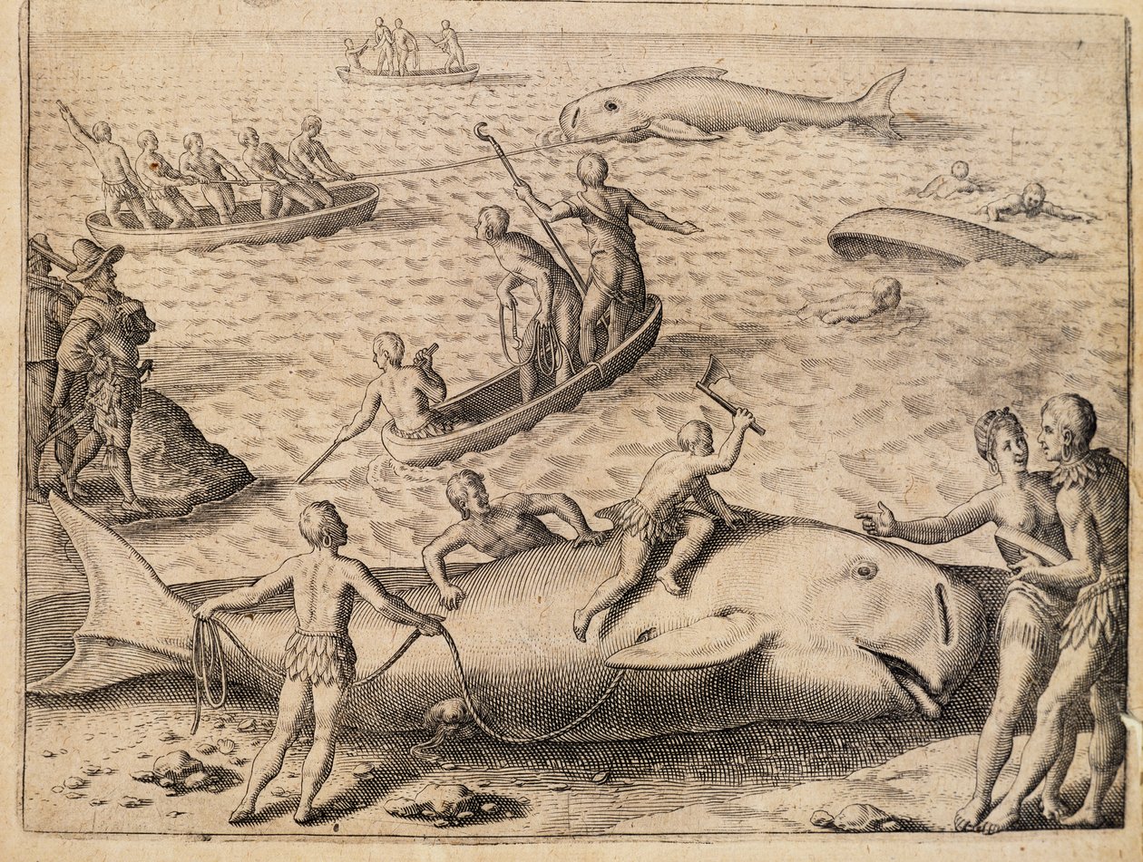 Walfang bei Spitzbergen, Gravur von Theodor de Bry aus India Orientalis von Theodore de Bry