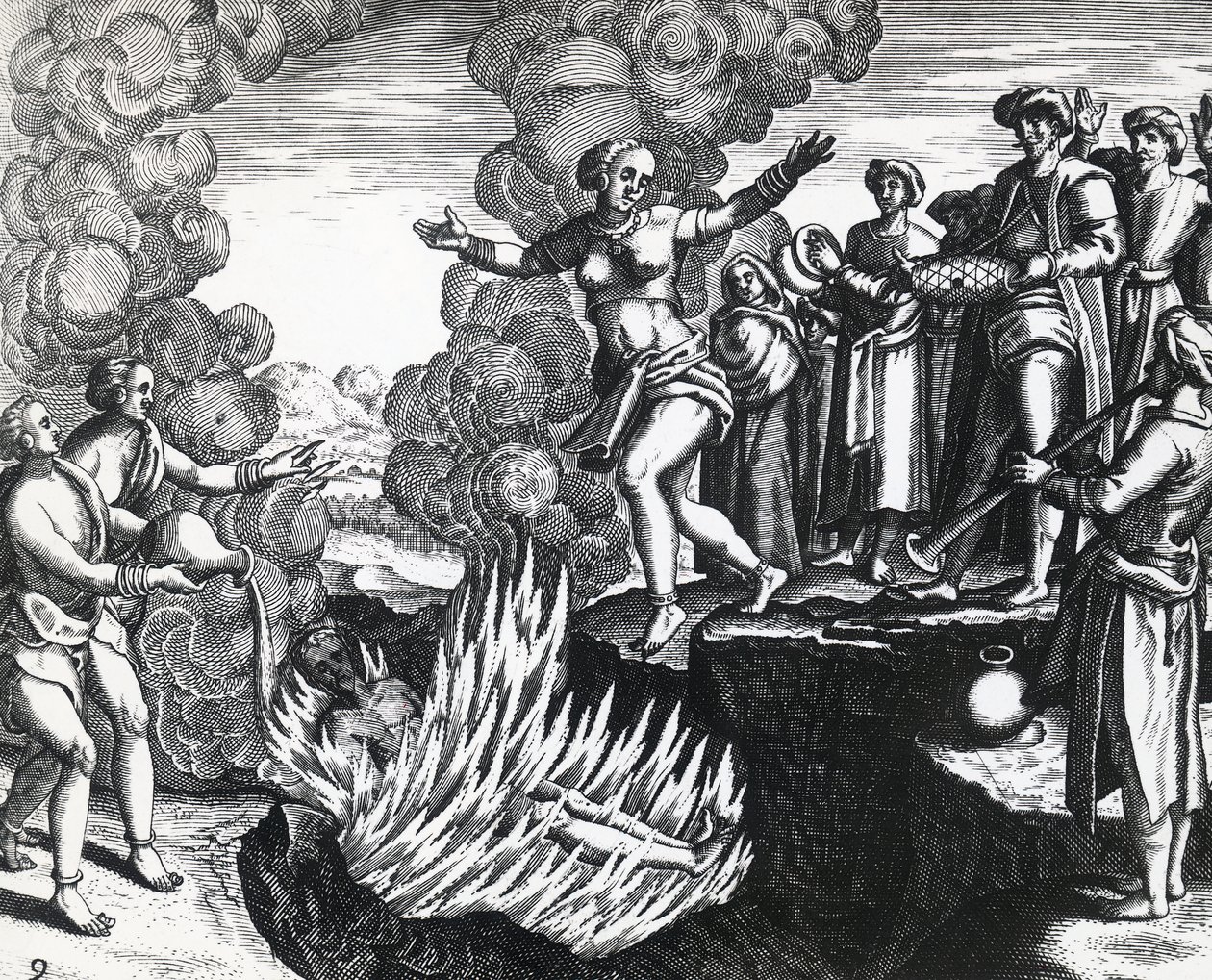Frau wirft sich auf den Scheiterhaufen ihres Mannes, von Theodor de Bry (1528-1598), Stich von Theodore de Bry