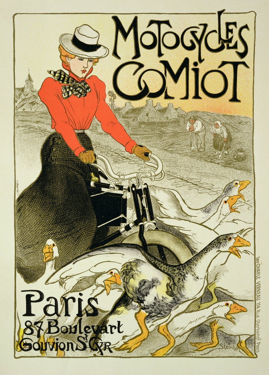 Reproduktion eines Posters zur Werbung für Comiot-Motorräder, 1899 von Théophile Alexandre Steinlen