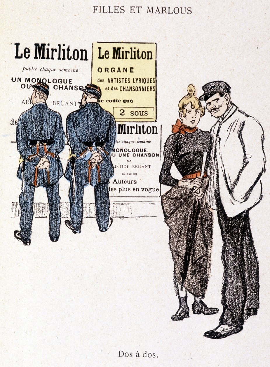 Mädchen und Marlou: ein Zuhälter und eine Prostituierte hinter zwei Polizisten. In „In Life“ von Steinlen von Théophile Alexandre Steinlen