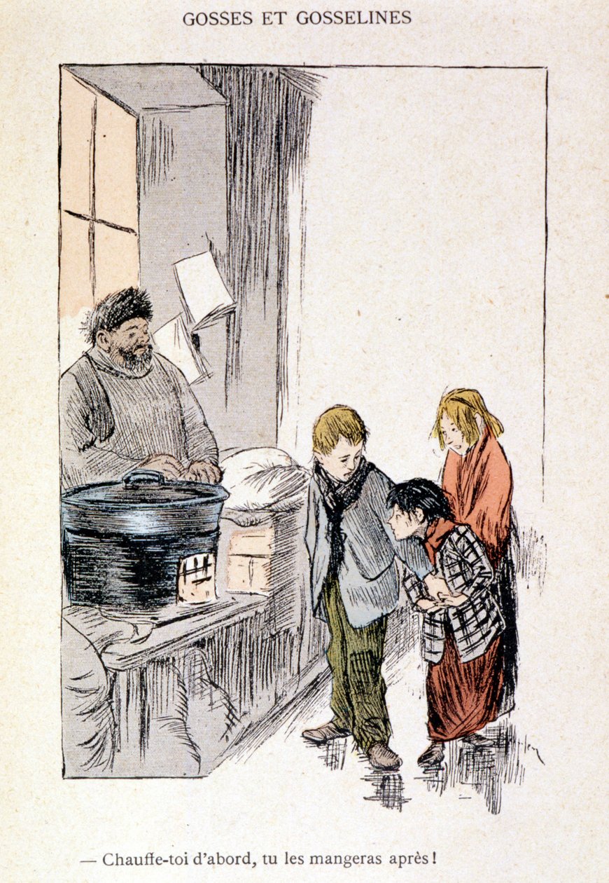 Kinder und Gosselines: Wärm dich zuerst, dann isst du sie! in „In Life“, von Steinlen 1901 von Théophile Alexandre Steinlen