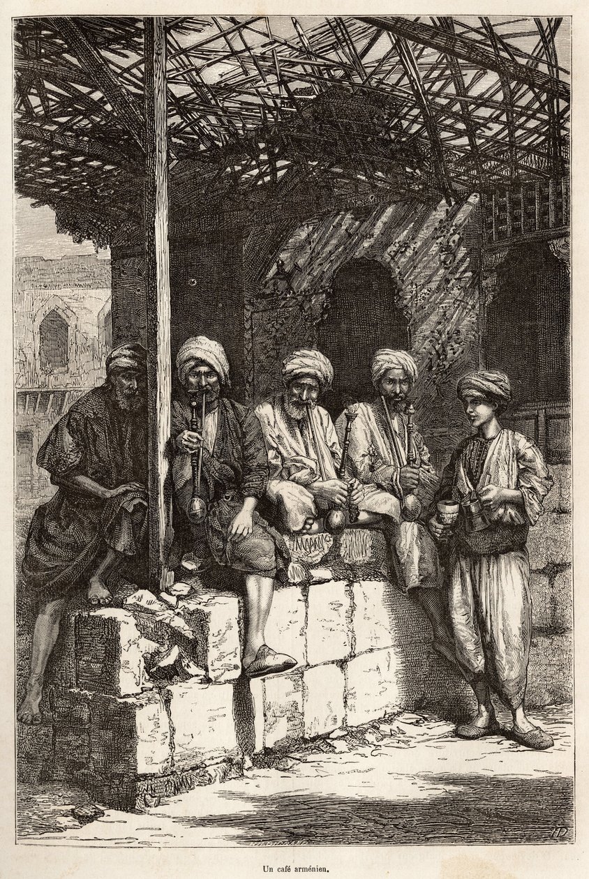 Ein armenisches Café, ein Ort der männlichen Geselligkeit, um Kaffee zu trinken und Pfeife zu rauchen, Gravur nach einer Zeichnung des Autors, die die Reise in Lazistan und Armenien von Theophile Deyrolles in 1869 illustriert, veröffentlicht in "Le tour du von Theophile Louis Deyrolle