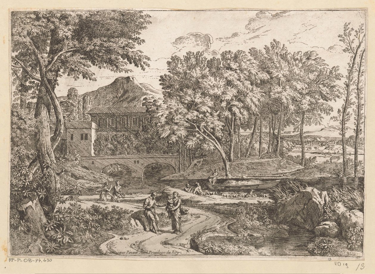 Arkadische Landschaft mit einer Ziegenherde am Wasser und einer Mutter mit Kind auf einem Weg mit weiteren Figuren von Théodore