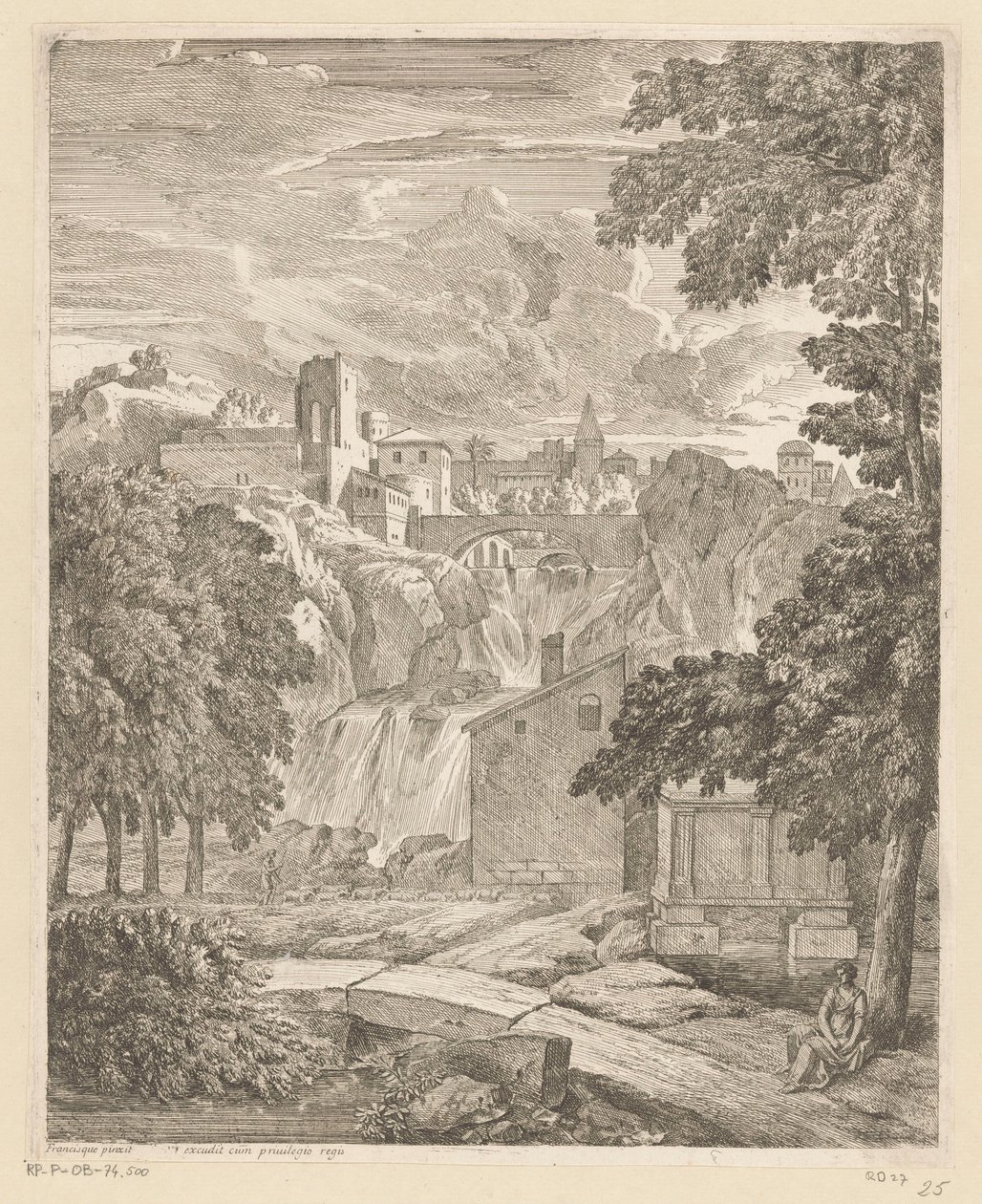Arkadische Landschaft mit einem Wasserfall und einer Frau unter einem Baum von Théodore