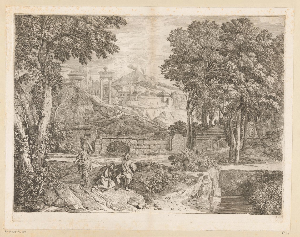 Arkadische Landschaft mit zwei Männern und einer Frau mit Früchten von Théodore