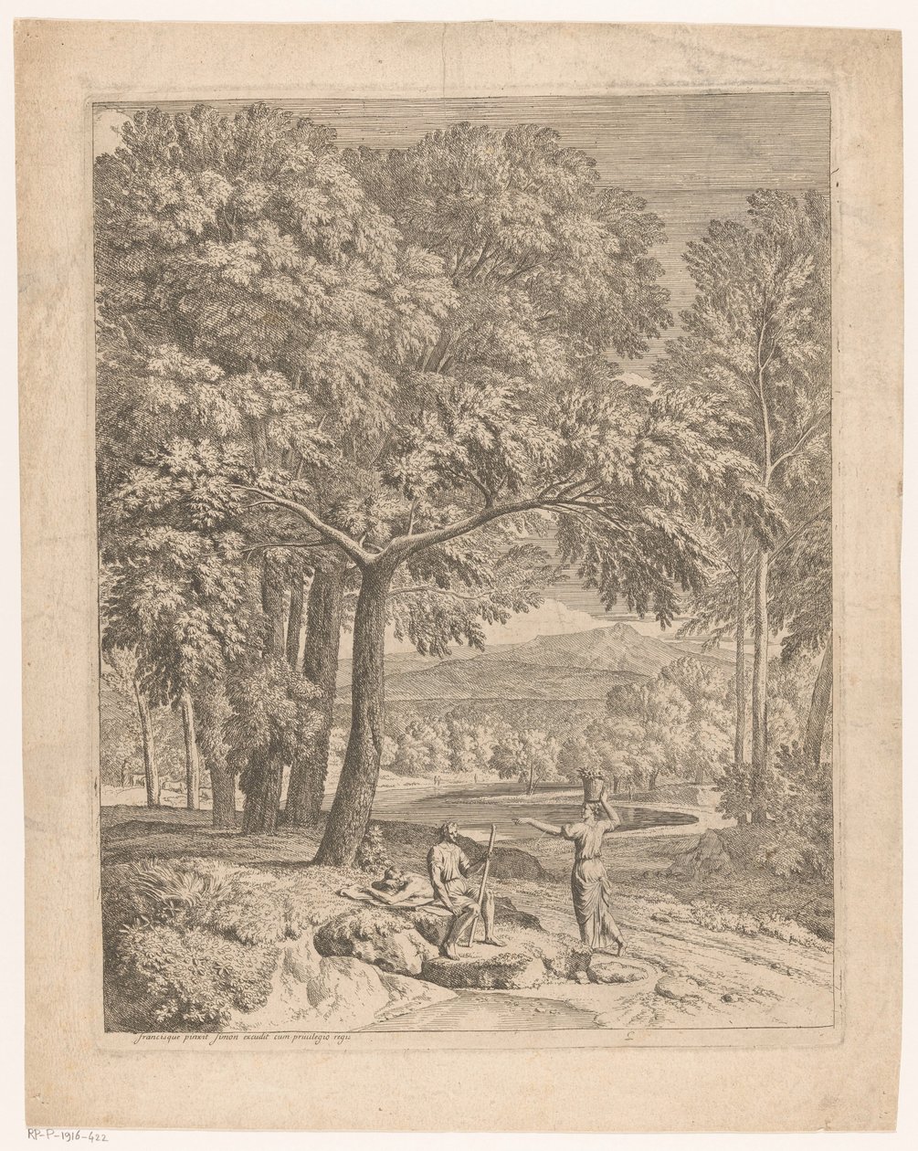 Arkadische Landschaft mit zwei Männern und einer Korb tragenden Frau von Théodore
