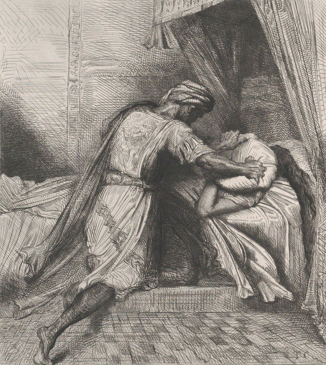 Er erstickt sie: Platte 13 aus Othello Akt 5, Szene 2, geätzt 1844, nachgedruckt 1900 von Théodore Chassériau