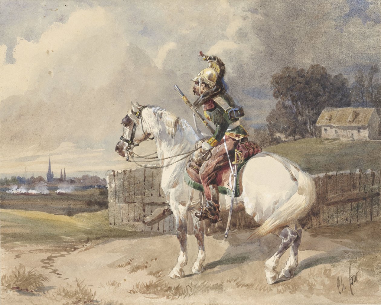 Französischer Dragoner auf einem weißen Pferd, nach links gewandt, im Profil von Théodore Fort (signed by artist)