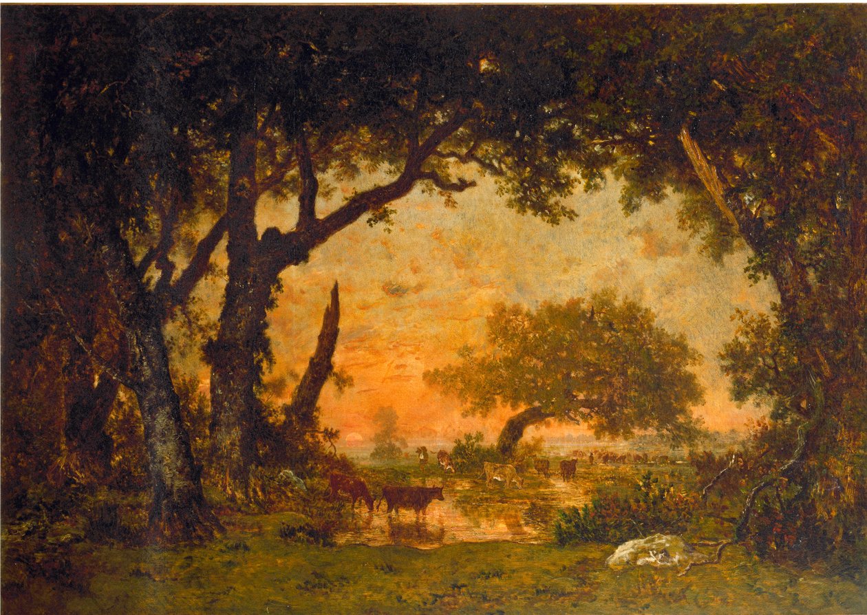 Ausgang des Waldes in Fontainebleau, Sonnenuntergang von Pierre Etienne Theodore Rousseau