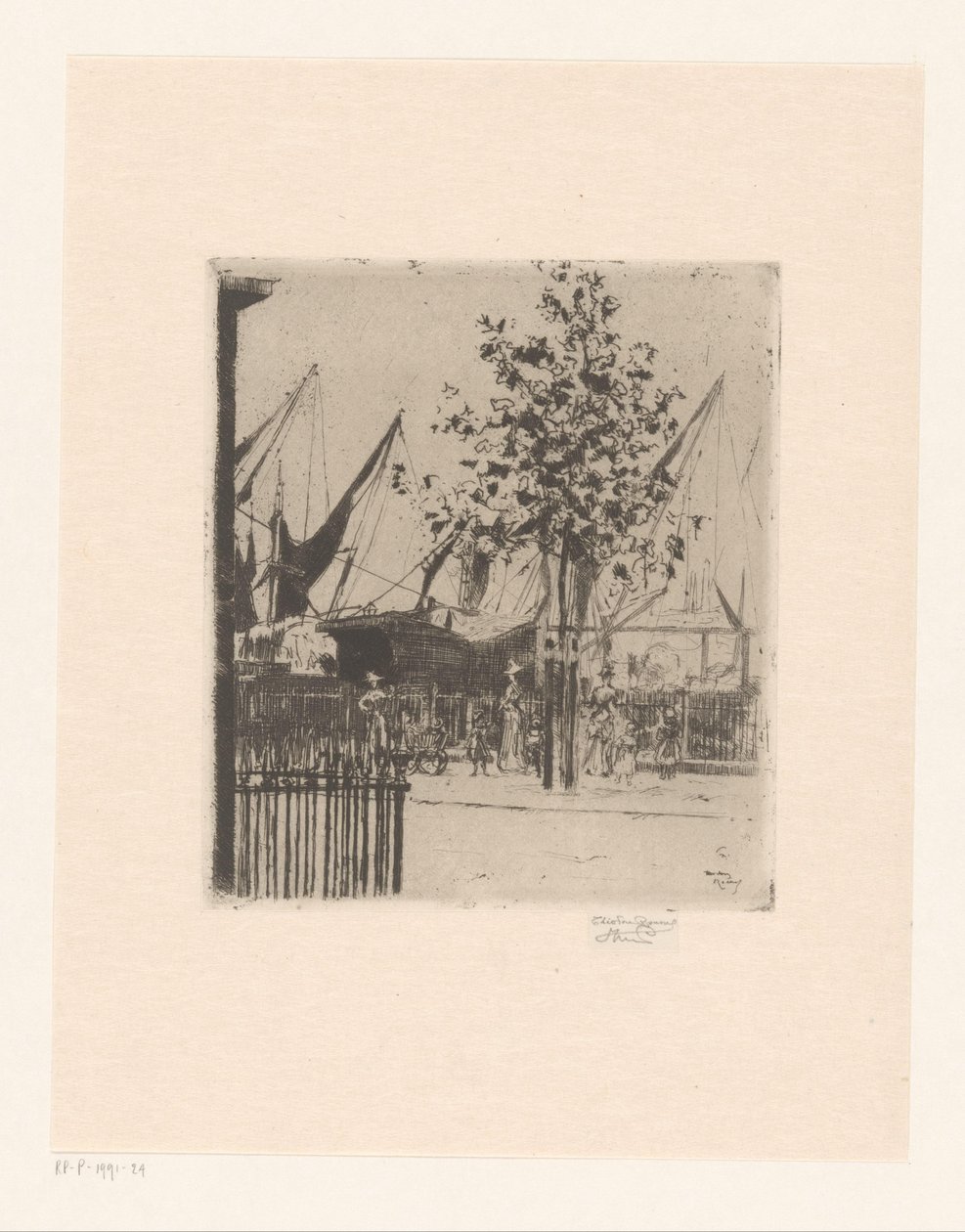 Straßenansicht mit Figuren bei einem Hafen von Théodore Roussel (signed by artist)