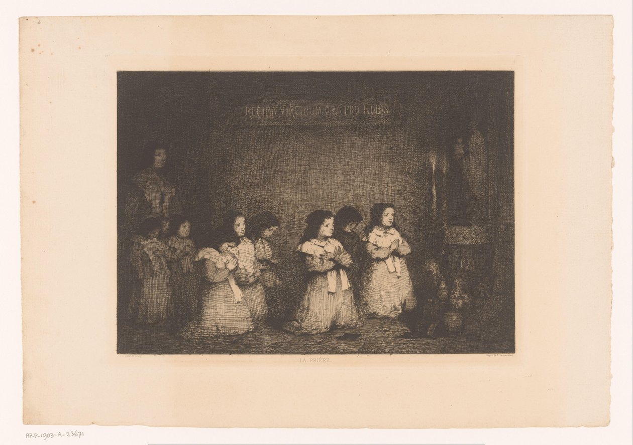Gruppe von Mädchen im Gebet vor einer Marienstatue von Théodule Augustin Ribot