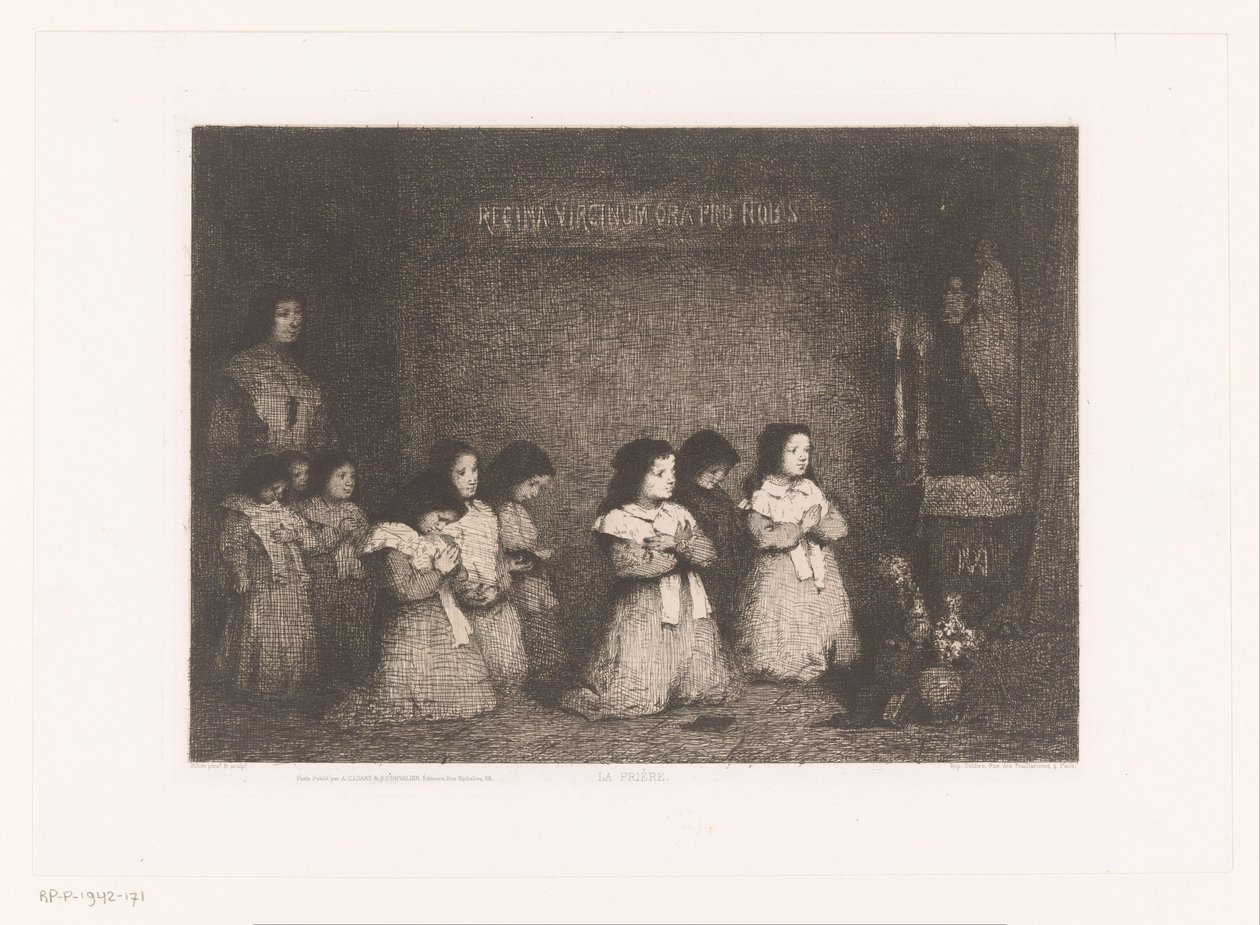 Gruppe von Mädchen im Gebet vor einer Marienstatue von Théodule Augustin Ribot