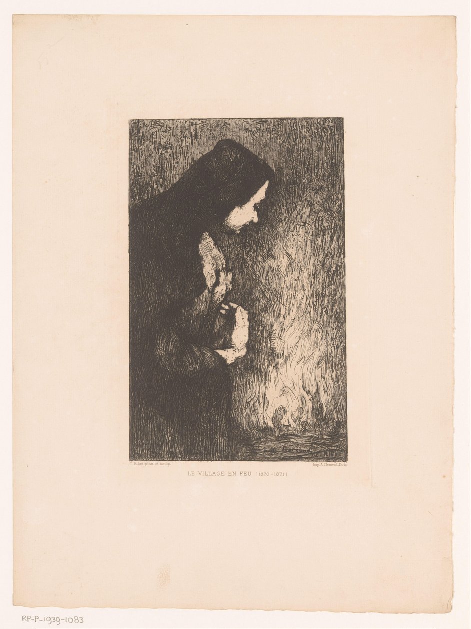 Stehende Frau, die auf ein brennendes Dorf im Hintergrund schaut von Théodule Augustin Ribot