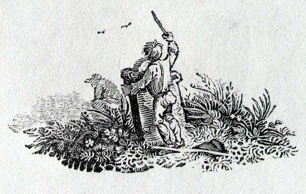 Ein Junge bei einem Grabstein aus Geschichte der britischen Vögel und Säugetiere von Thomas Bewick
