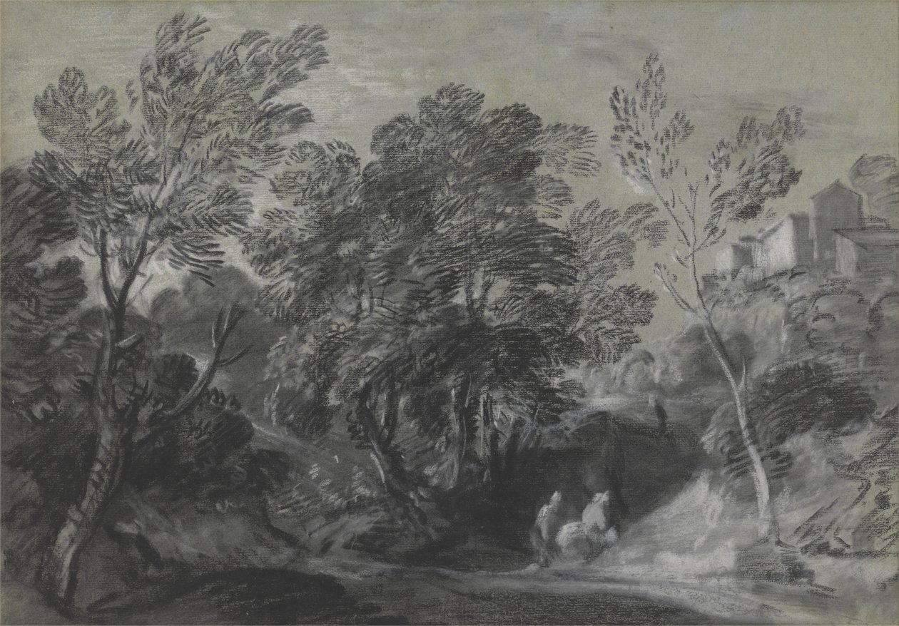 Waldlandschaft mit Figuren und Häusern auf dem Hügel von Thomas Gainsborough