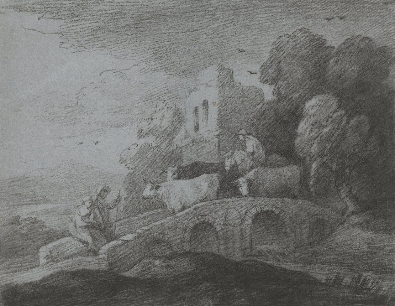 Waldlandschaft mit Viehtreiber, der Rinder über eine Brücke treibt, rustikale Liebhaber und Ruine eines Schlosses von Thomas Gainsborough