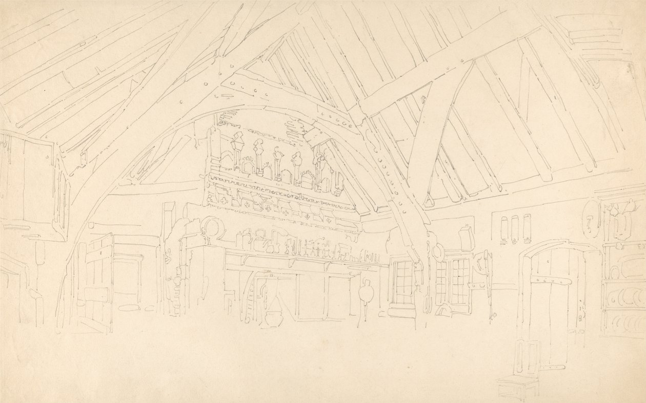 Stokesy Castle - Innenraum einer Dachbalkenhalle von Thomas Girtin