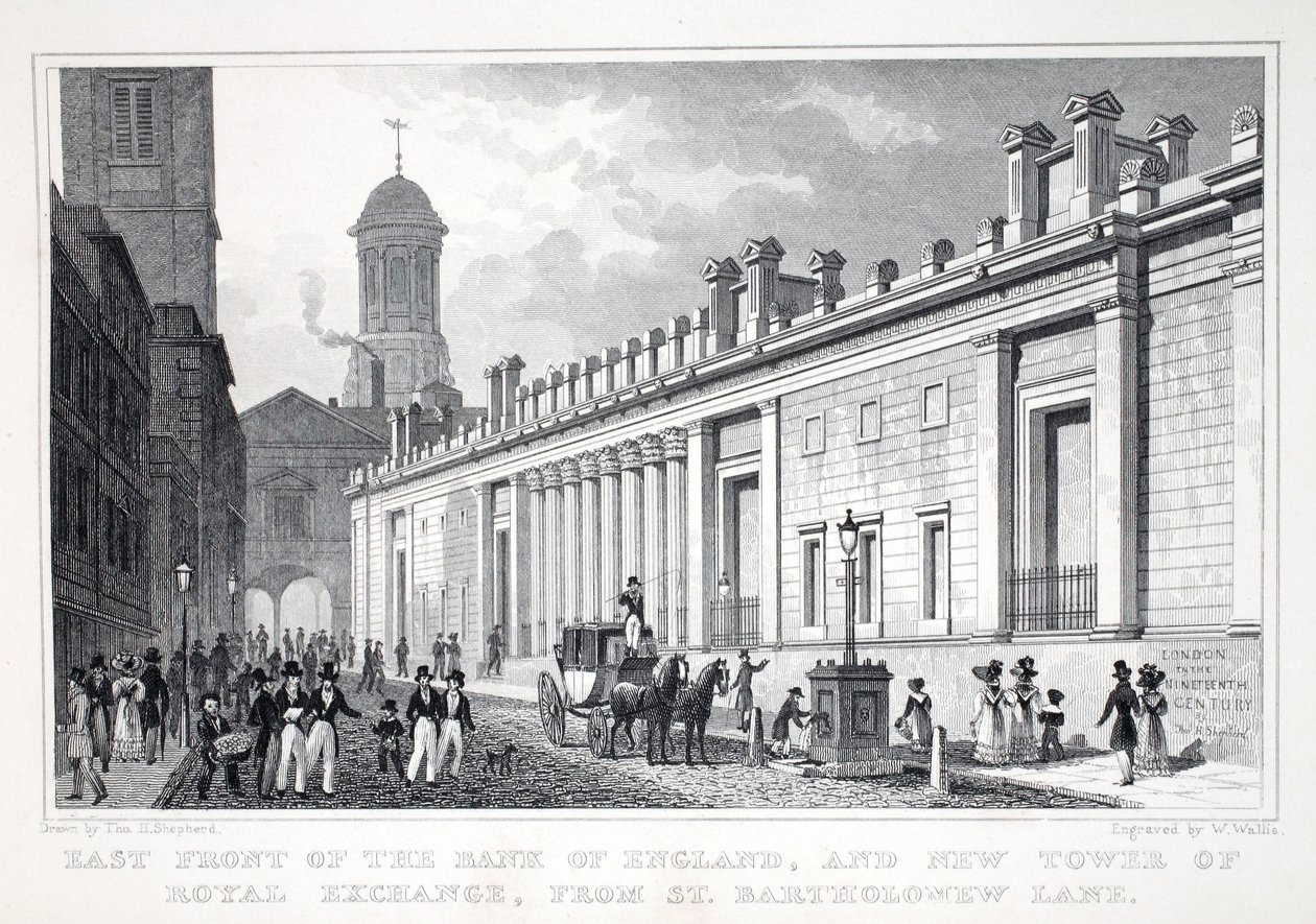 Ostfront der Bank of England und neuer Turm der Royal Exchange von St. Bartholomew Bank, aus 