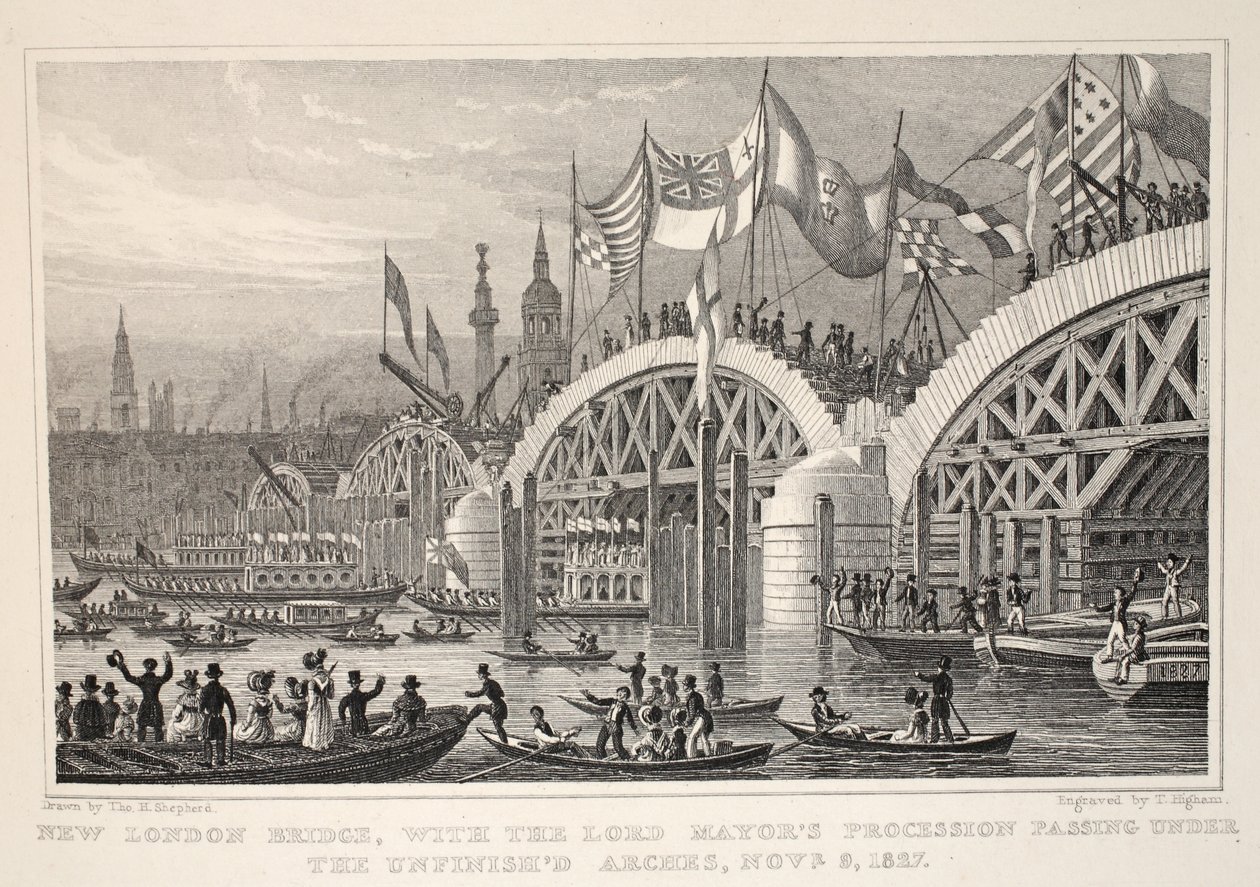 Neue London Bridge, mit der Prozession des Lord Mayor, die unter den unfertigen Bögen vorbeizieht, 8.-9. Nov. 1827, aus 