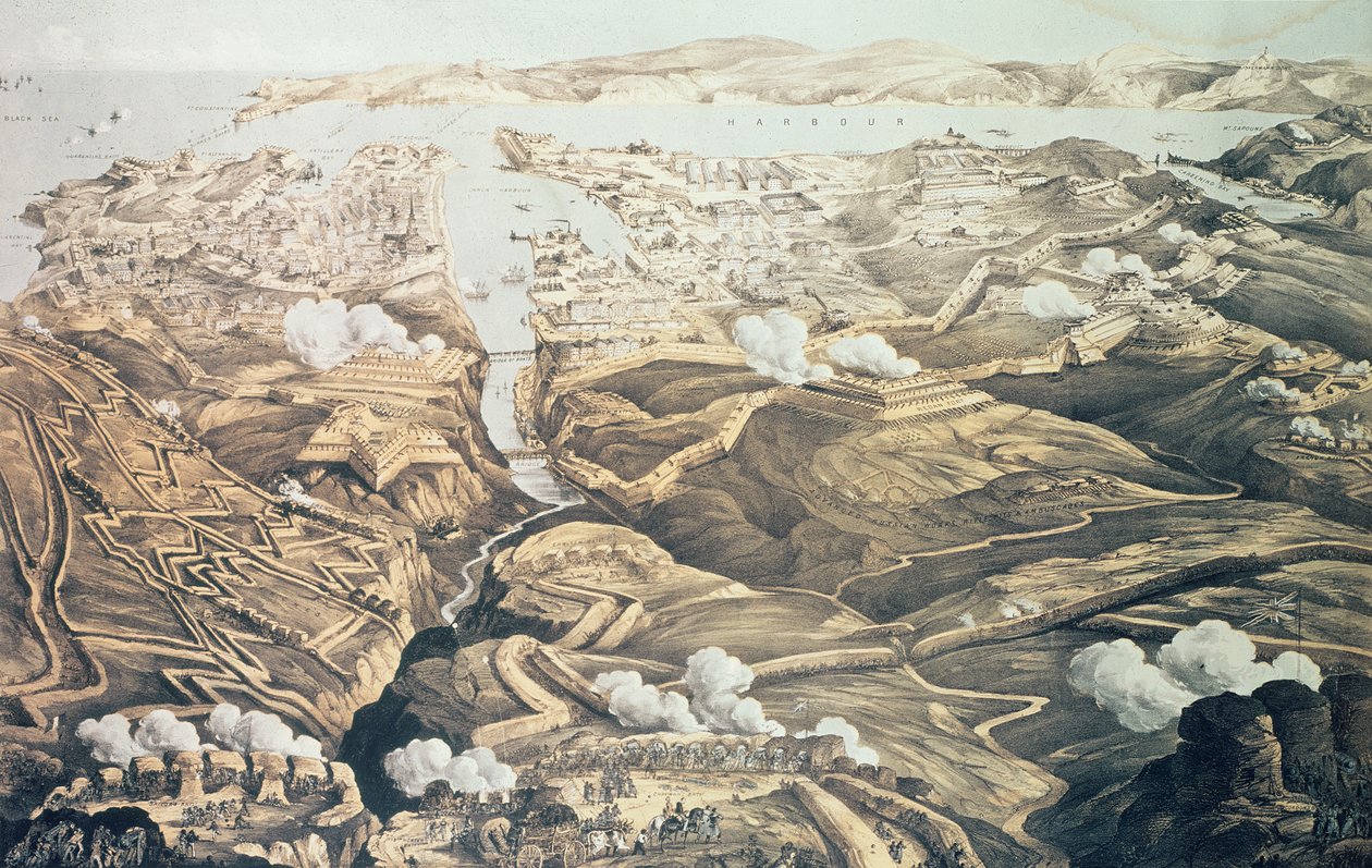 Ein Panoramablick auf die äußeren und inneren Verteidigungen von Sewastopol, die Batterien, Gräben und Belagerungsarbeiten der Alliierten nach Skizzen eines Militäringenieurs im Stab von Sir J. Burcoyne, veröffentlicht von b von Thomas Packer