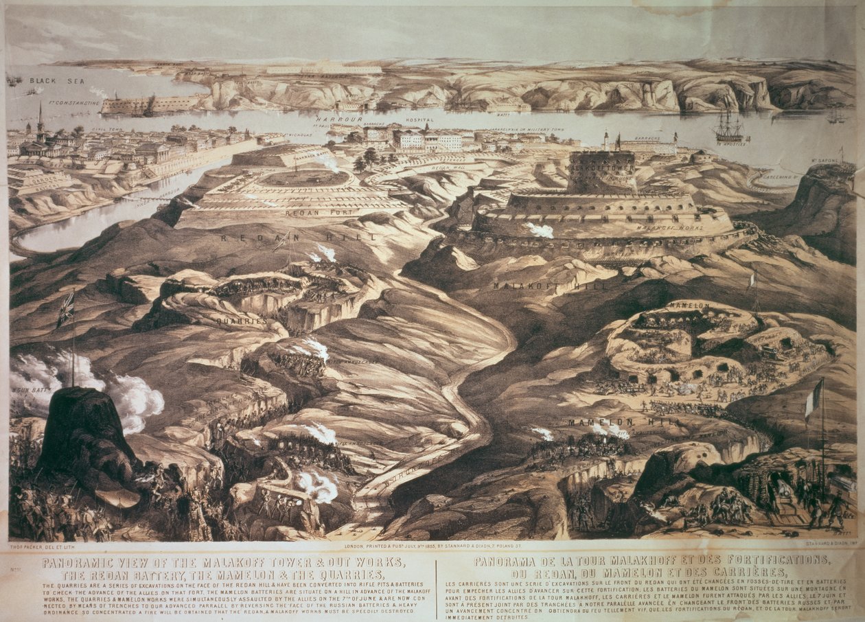 Panoramablick auf den Malakoff-Turm und die Außenwerke, die Redan-Batterie, den Mamelon und die Steinbrüche, veröffentlicht 1855 von Stannard und Dixon von Thomas Packer