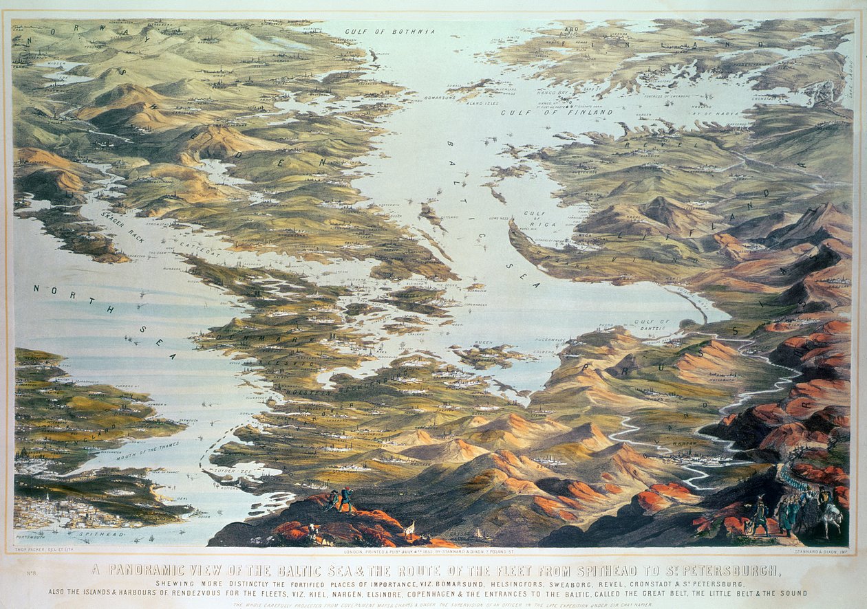 Panoramablick auf die Ostsee und die Route der Flotte von Spithead nach St. Petersburg, nach Regierungskarten und -plänen unter der Aufsicht eines Offiziers der Expedition unter Sir Charles von Thomas Packer