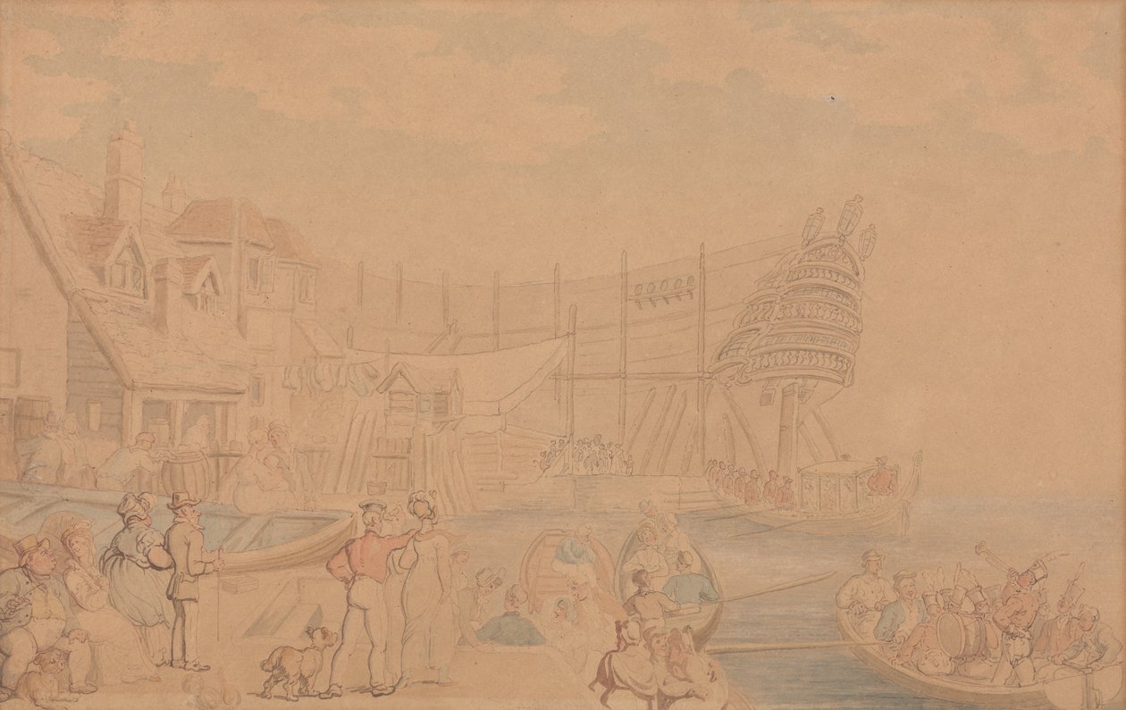 Das Zuwasserlassen eines Schiffes von Thomas Rowlandson