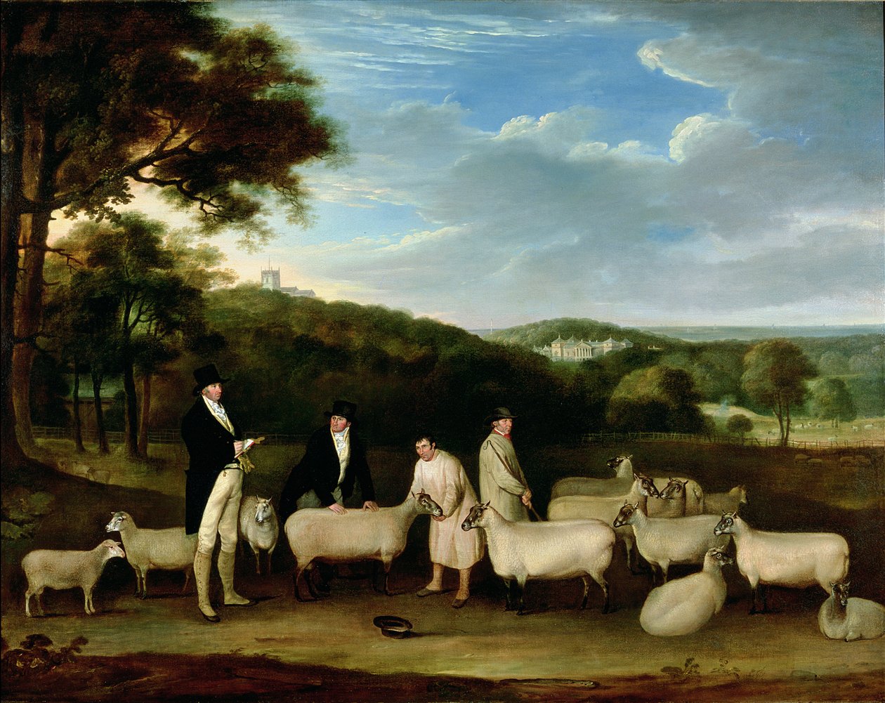 Porträt von Thomas William Coke, Esq. (1752-1842), inspiziert einige seiner South Down Schafe mit Mr. Walton und den Holkham-Schäfern von Thomas Weaver