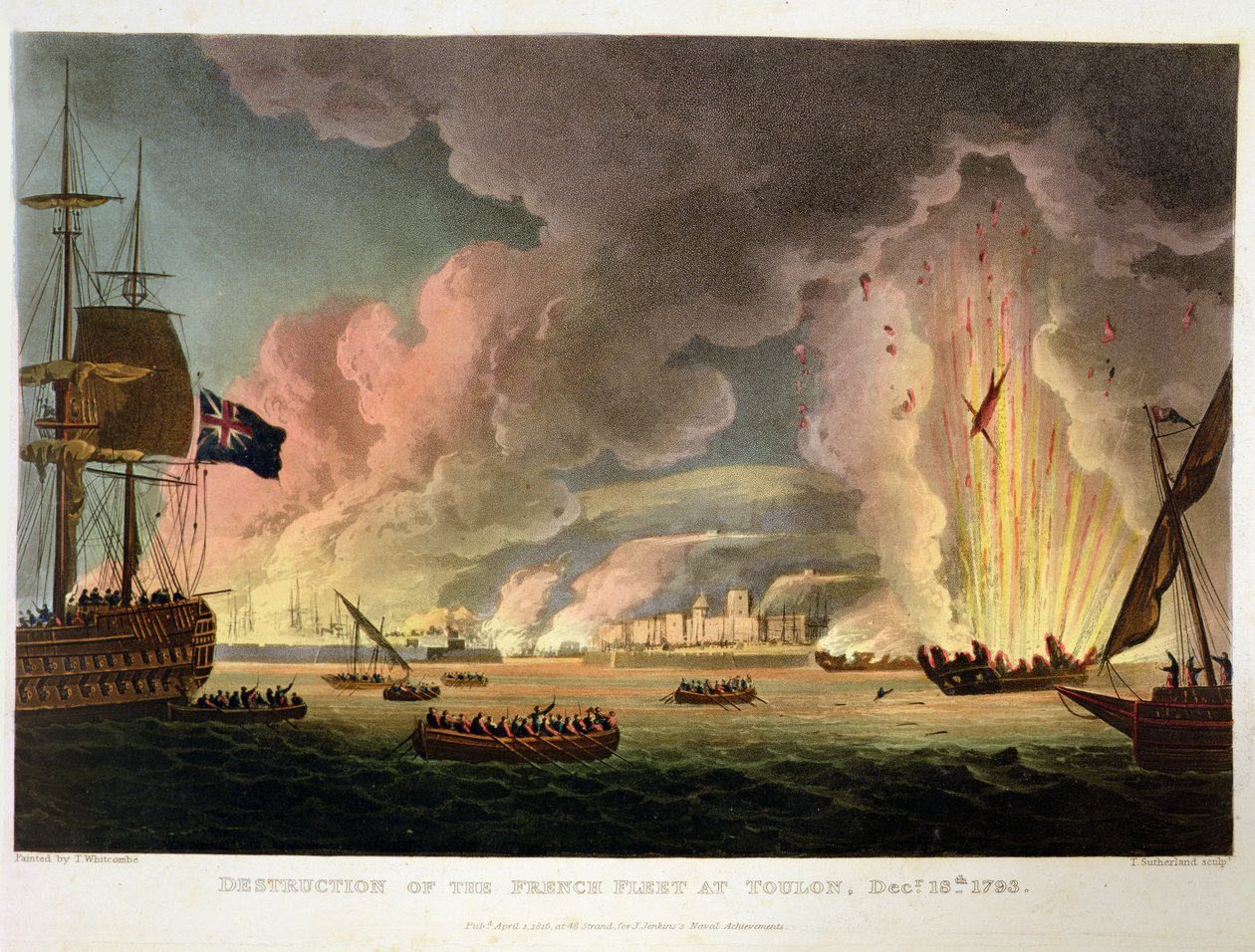 Zerstörung der französischen Flotte in Toulon, 18. Dezember 1793, graviert von Thomas Sutherland für J. Jenkins