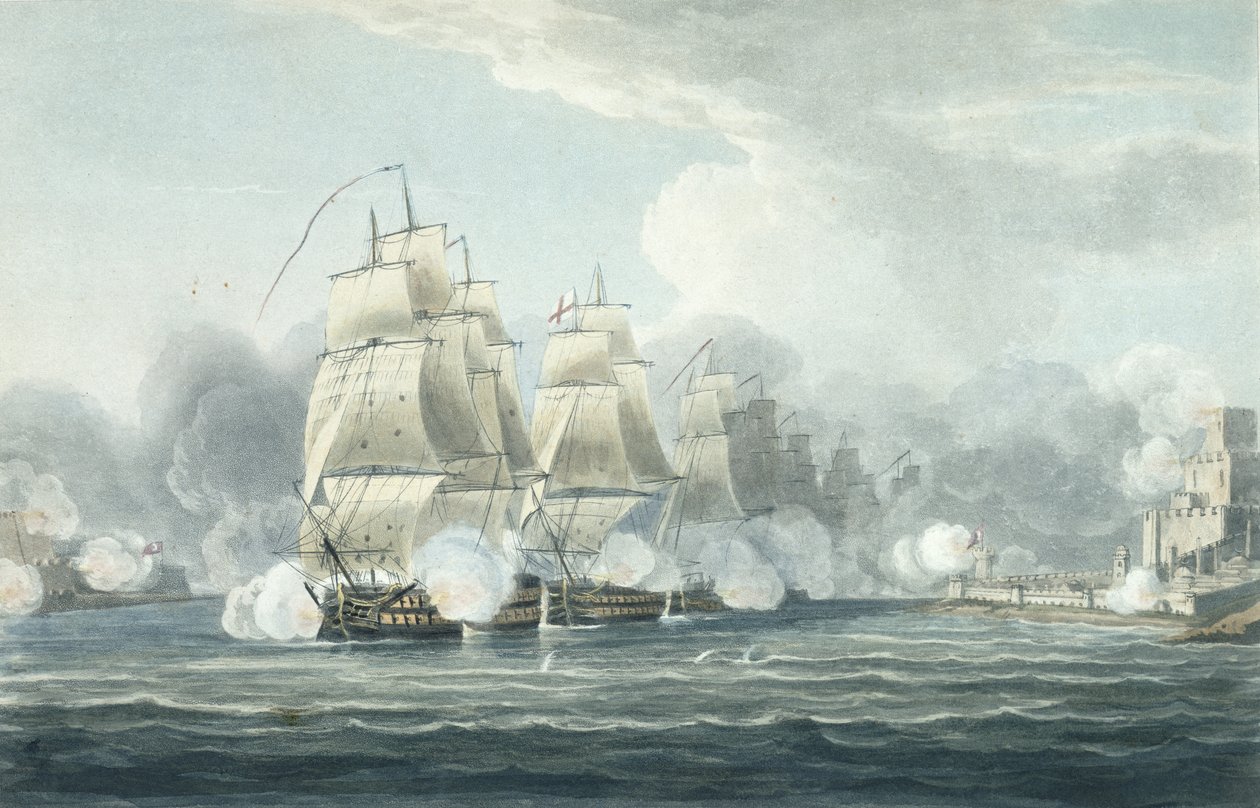 Das Geschwader unter dem Kommando von Sir F.T. Duckworth erzwingt den engen Kanal der Dardanellen, 19. Februar 1807, graviert von T. Sutherland für 