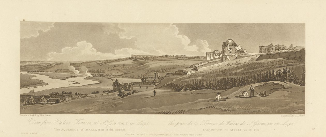 Blick auf das Marly-Aquädukt von der Palastterrasse in St. Germain en Laye, graviert von Joseph Constantine Stadler, 1803 von Thomas after Girtin