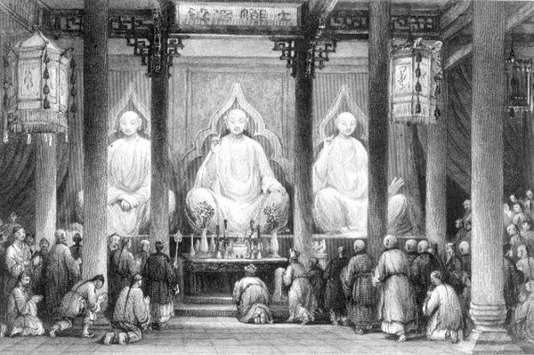 Großer Tempel in Hunan, Kanton, graviert von A. Willmore von Thomas (after) Allom
