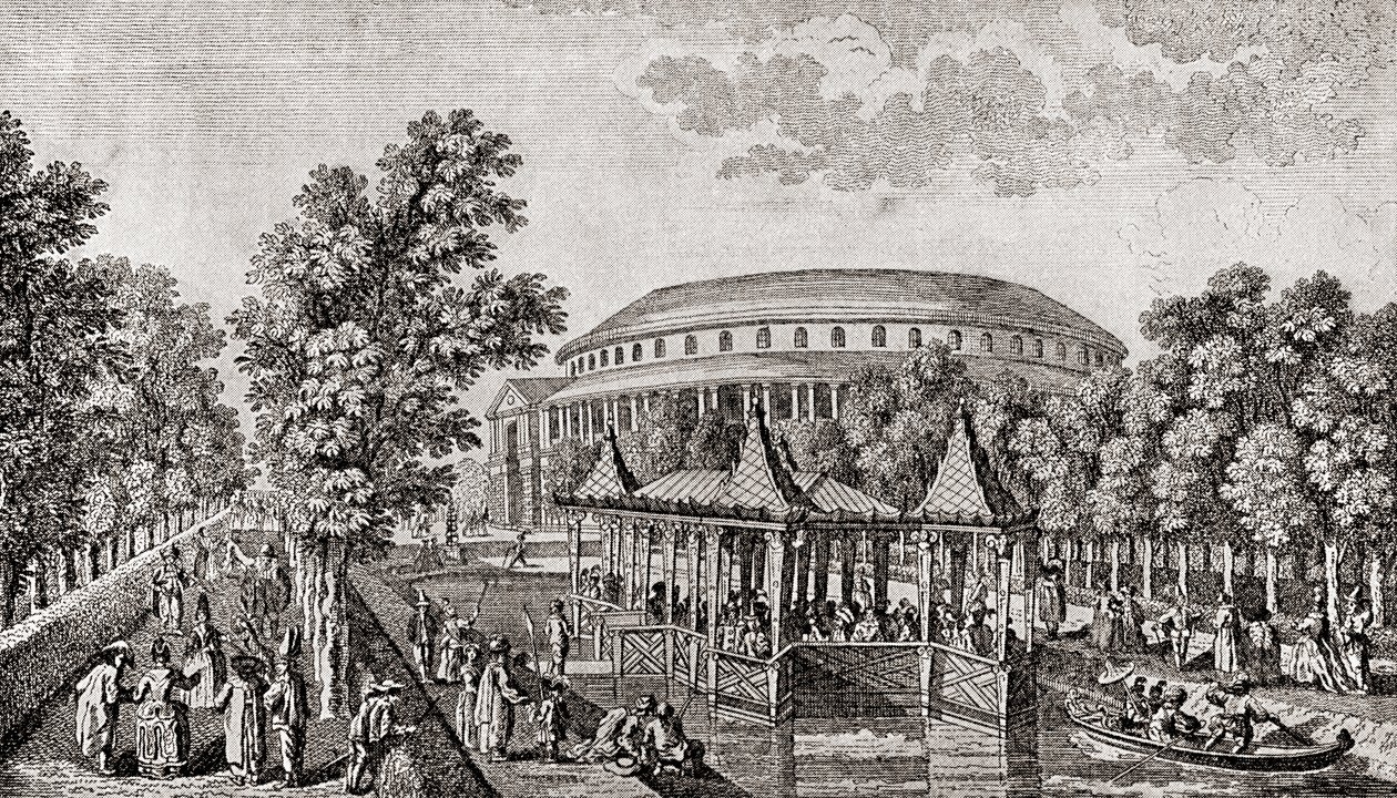 Ranelagh Gardens, Chelsea, London, England. Das Äußere der Rotunde in den Ranelagh Gardens, das "Chinesische Haus" und ein Teil des Geländes, nach dem Stich von Thomas Bowles von Thomas (after) Bowles