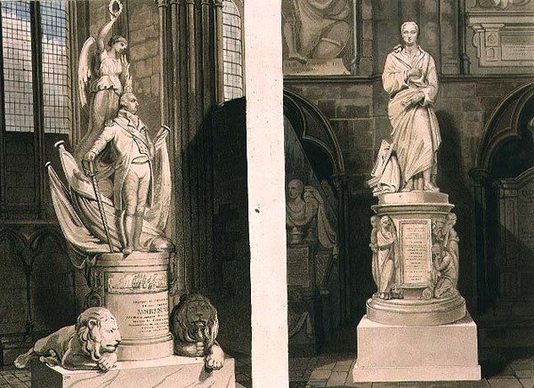 Denkmäler für Kapitän Montague im West-Eingang und für Addison in der Poet