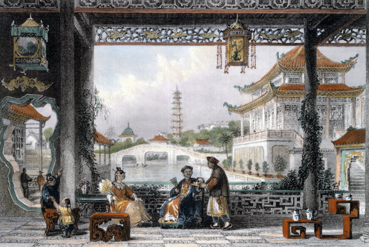 Pavillon und Gärten eines Mandarins in der Nähe von Peking, China, 1843 von Thomas Allom