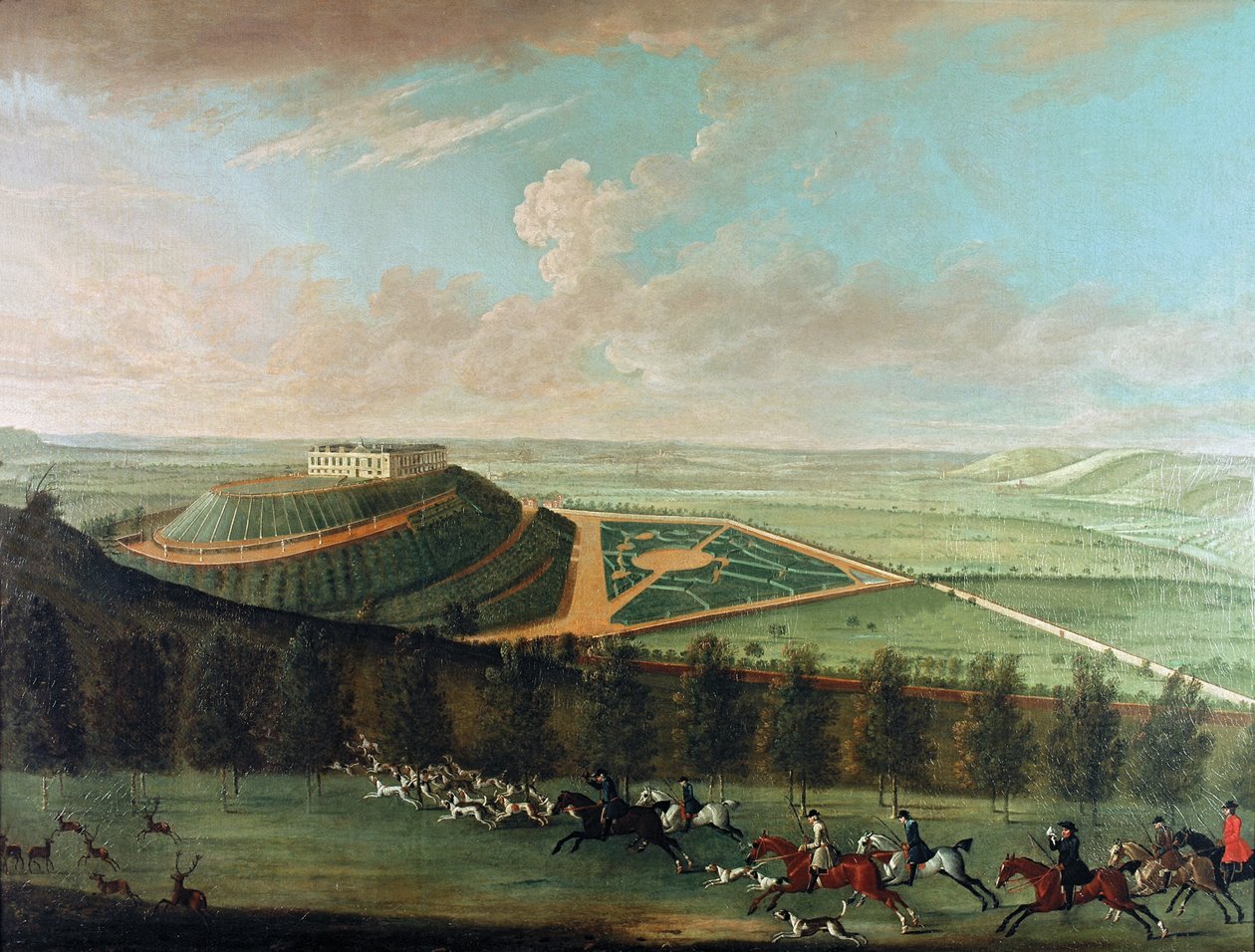 Ansicht von Belvoir Castle von Südwesten, mit Belvoir Hunt in voller Jagd, 1730 von Thomas Badeslade