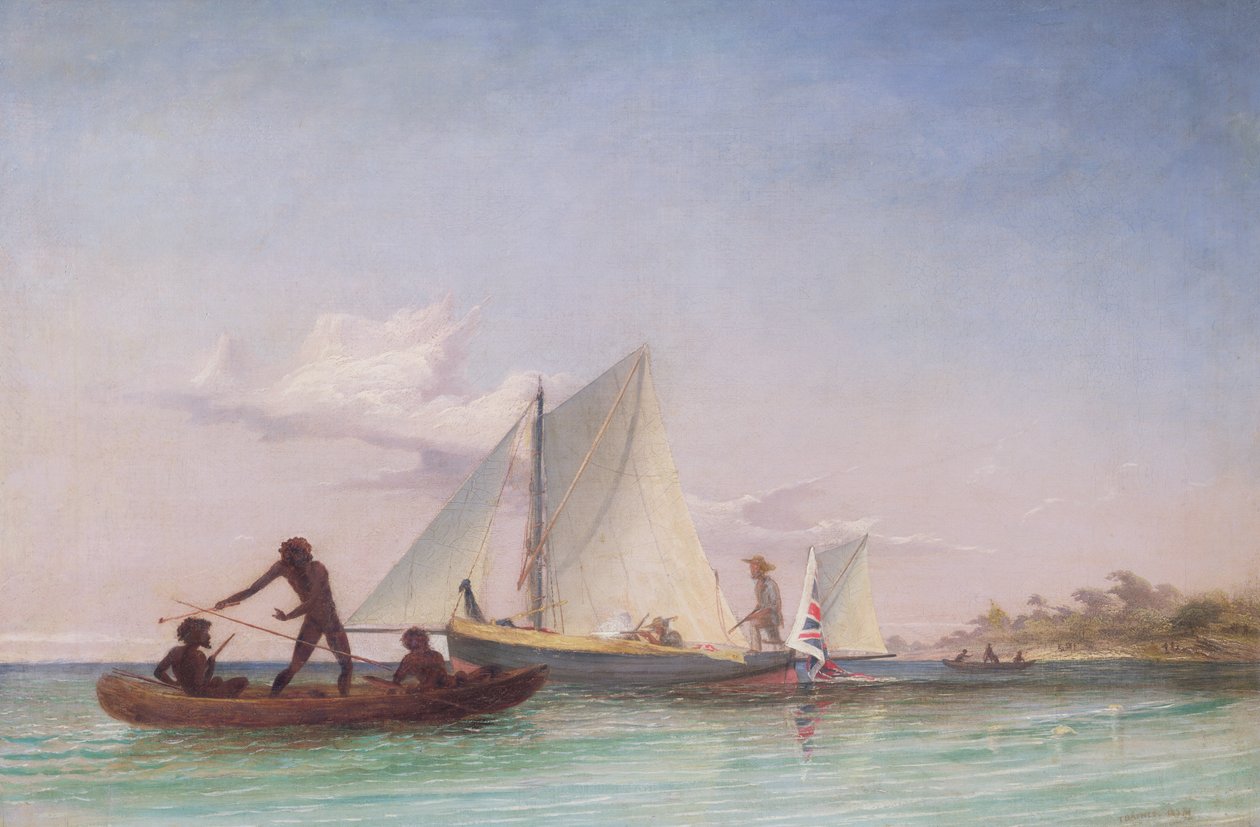 Das Langboot des Boten, angegriffen von Eingeborenen von Thomas Baines