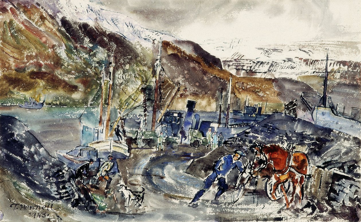 Lokaler Kohlenwagen und Trawler, Seydisfjordur, Island von Thomas Barclay Hennell