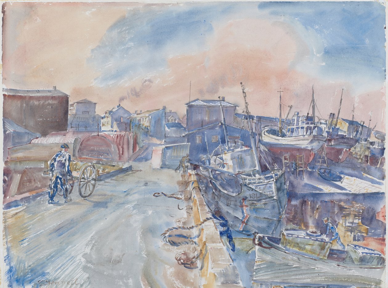 Reykjavik vom Hauptkai, frostiger Morgen, Island, ca. 1930 von Thomas Barclay Hennell
