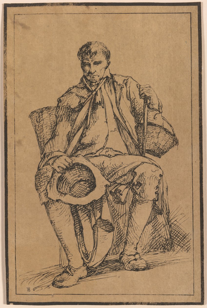 Vierzig lithografische Eindrücke von Landschaftszeichnungen von Thomas Barker, ausgewählt aus seinen Studien rustikaler Figuren nach der Natur: [Sitzender Mann mit Körben, der Hut und Spazierstock hält] von Thomas Barker